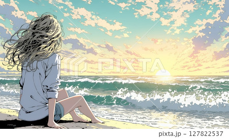 のんびり・ゆったり：夏のビーチで夕日を眺める若い女性