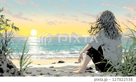 のんびり・ゆったり：夏のビーチで夕日を眺める若い女性
