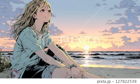 のんびり・ゆったり：夏のビーチで夕日を眺める若い女性