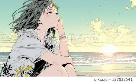 のんびり・ゆったり：夏のビーチで夕日を眺める若い女性