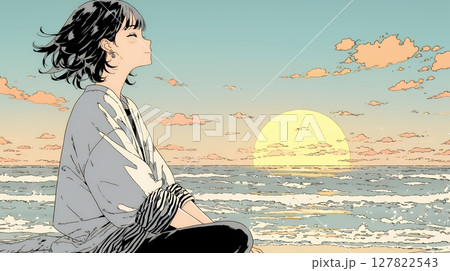 のんびり・ゆったり：夏のビーチで夕日を眺める若い女性