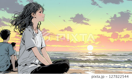 のんびり・ゆったり：夏のビーチで夕日を眺める若い女性