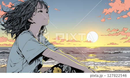 のんびり・ゆったり：夏のビーチで夕日を眺める若い女性