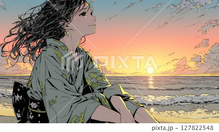のんびり・ゆったり：夏のビーチで夕日を眺める若い女性
