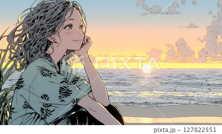 のんびり・ゆったり：夏のビーチで夕日を眺める若い女性
