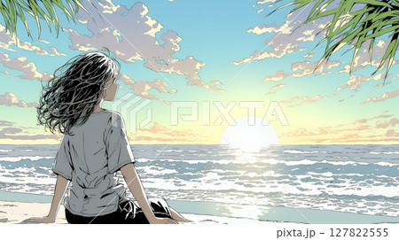 のんびり・ゆったり：夏のビーチで夕日（朝日）を眺める若い女性