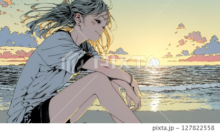 のんびり・ゆったり：夏のビーチで夕日を眺める若い女性