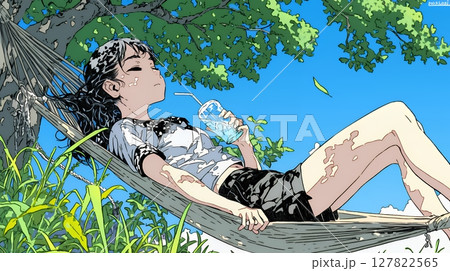 のんびり・ゆったり：夏の昼下がり木陰のハンモックで寛いでいる若い女性