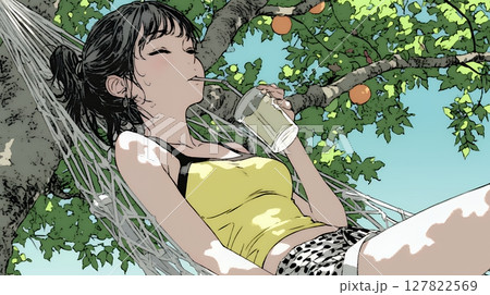 のんびり・ゆったり：夏の昼下がり木陰のハンモックで寛いでいる若い女性