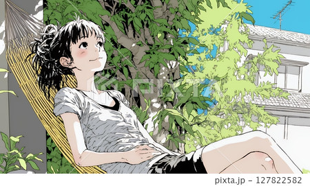 のんびり・ゆったり：夏の昼下がり木陰のハンモックで寛いでいる若い女性