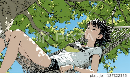 のんびり・ゆったり：夏の昼下がり木陰のハンモックで寛いでいる若い女性