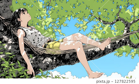 のんびり・ゆったり：夏の昼下がり木陰のハンモックで寛いでいる若い女性