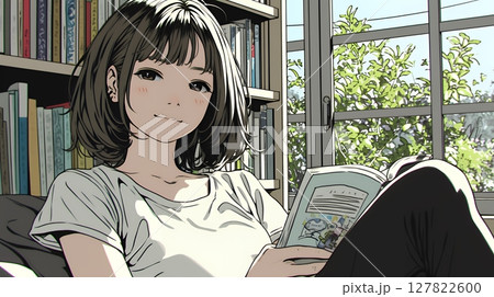 のんびり・ゆったり：窓辺でリラックスして本を読んでいる若い女性