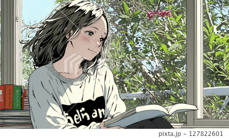 のんびり・ゆったり：窓辺でリラックスして本を読んでいる若い女性 127822601