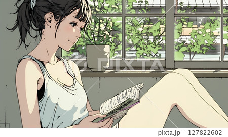 のんびり・ゆったり：窓辺でリラックスして本を読んでいる若い女性