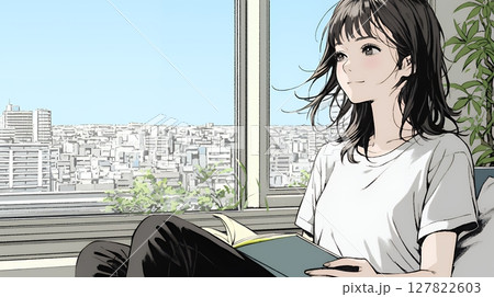 のんびり・ゆったり：窓辺でリラックスして本を読んでいる若い女性