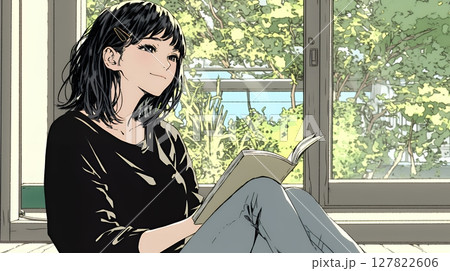 のんびり・ゆったり：窓辺でリラックスして本を読んでいる若い女性