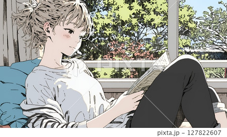 のんびり・ゆったり：窓辺でリラックスして本を読んでいる若い女性