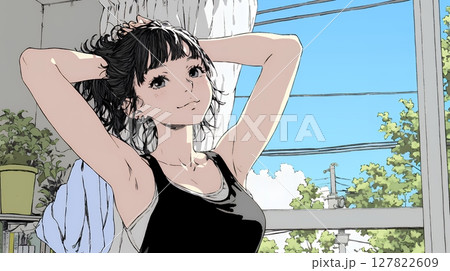 のんびり・ゆったり：朝日を浴びベッドで寛いでいる若い女性