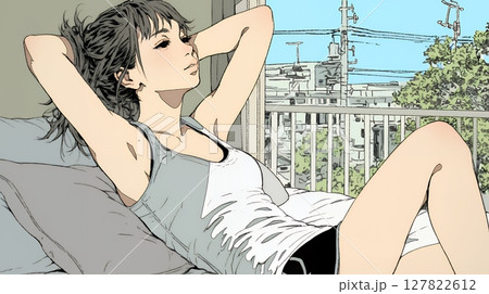 のんびり・ゆったり：朝日を浴びベッドで寛いでいる若い女性