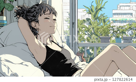 のんびり・ゆったり：朝日を浴びベッドで寛いでいる若い女性
