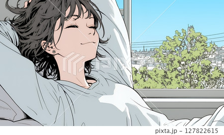 のんびり・ゆったり：朝日を浴びベッドで寛いでいる若い女性