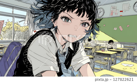 パニック状態の制服を着た女子高生
