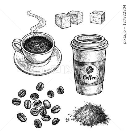 Coffee set ink sketch. 127822804