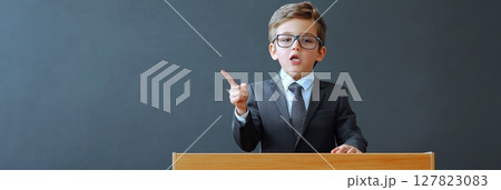 Future businessman wearing a suit and tie, confidently giving a conference at school, pointing at a blackboard while engaging the audience during an inspiring business presentation 127823083