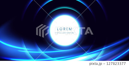 Circle glowing with blue curved ray decoration on dark blue background. Hi-speed motion moving concept. 127823377
