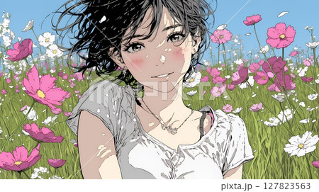 コスモス畑にいる若い女性