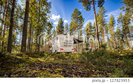 Family vacation travel RV, holiday trip in motorhome, Caravan car Vacation. 127823953