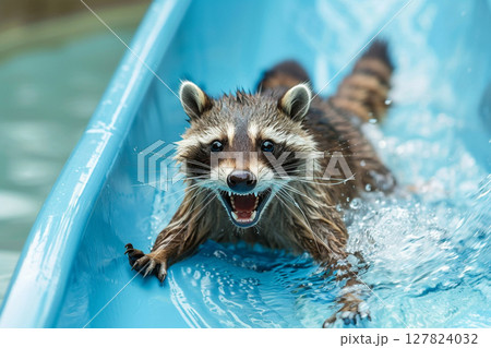 Excited raccoon sliding down a water slide with wide open mouth, splashing water in a fun summer moment. 127824032