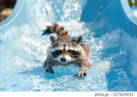 Excited raccoon sliding down a water slide with wide open mouth, splashing water in a fun summer moment. 127824033