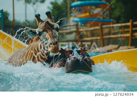 Funny giraffe and hippo sliding together down a water slide in a colorful water park, joyful surreal scene. Funny giraffe and hippo sliding together down a water slide in a colorful water park, joyful surreal scene. 127824034
