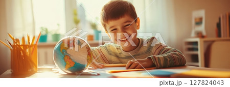 Happy child engaging with a globe and colorful pencils, immersing in geography lessons while enjoying the cheerful back to school vibe in a sunlit classroom 127824043