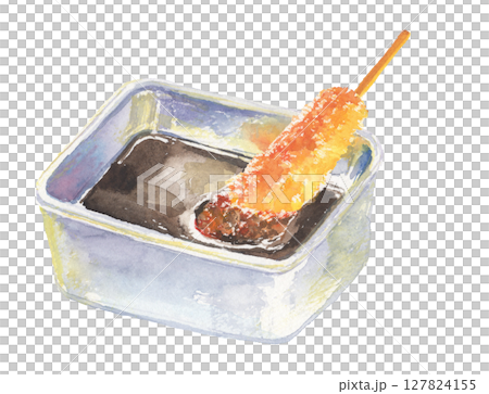 Watercolor illustration of kushikatsu dipped in sauce - Osaka specialty fried food Watercolor illustration of kushikatsu dipped in sauce - Osaka specialty fried food 127824155