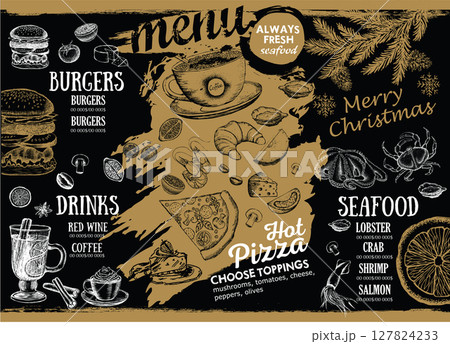 Christmas menu cafe. Food flyer. Restaurant menu. Template design.	 127824233