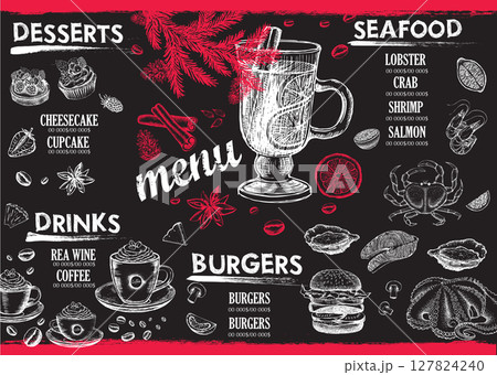 Christmas menu cafe. Food flyer. Restaurant menu. Template design.	 127824240