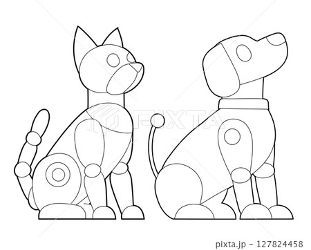 Vector set of contour mechanical pets cliparts. Collection of outline robot dog and robot cat. Animals of the future 127824458
