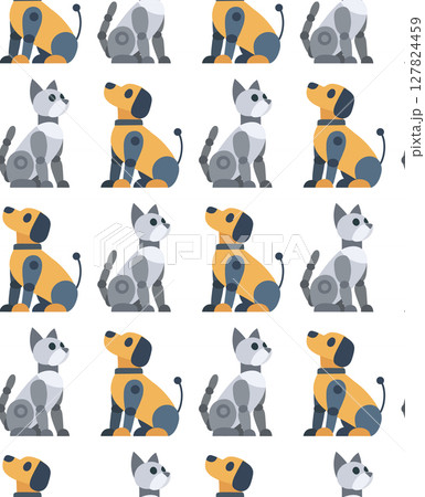 Vector seamless pattern with mechanical pets. Texture with robot dogs and robot cats on white background. Animals of the future 127824459
