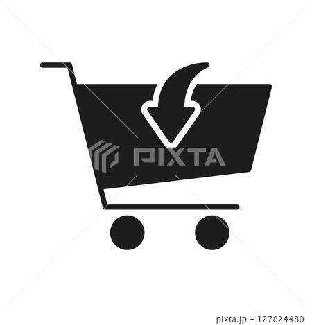 Shopping Cart With Download Arrow Solid Icon. E-Commerce And Online Purchase Integration Silhouette Symbol. Digital Shopping And Downloadable Content. Isolated Vector Illustration 127824480