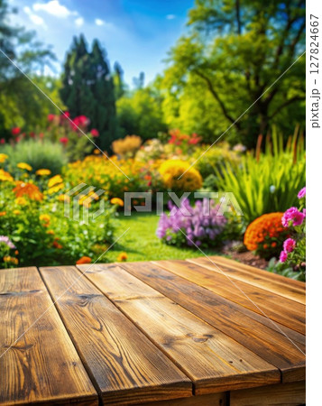 Wooden Table in Garden With Flowers. Generative AI 127824667