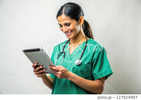 Female Nurse in Green Scrubs Using Tablet. Generative AI 127824907