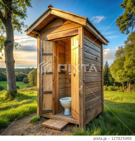 Wooden Outhouse With Toilet. Generative AI 127825000