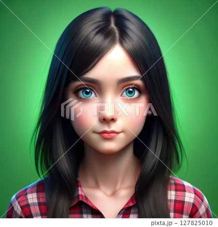 Girl With Long Black Hair and Blue Eyes. Generative AI 127825010