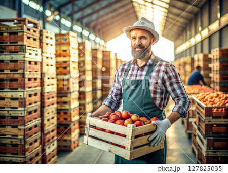 Man Holding Crate of Apples in Warehouse. Generative AI Man Holding Crate of Apples in Warehouse. Generative AI 127825035