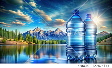 Two Large Water Bottles on Lake Surface. Generative AI 127825143