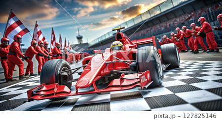 Red Race Car Speeding on Checkered Floor. Generative AI 127825146
