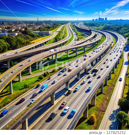 Busy Highway Traffic Under Blue Sky. Generative AI 127825252